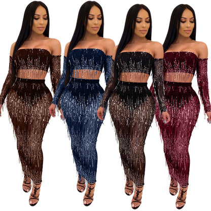 Fashion Sexy See-through Mesh Sequins Tassel Two-piece Set - iztia