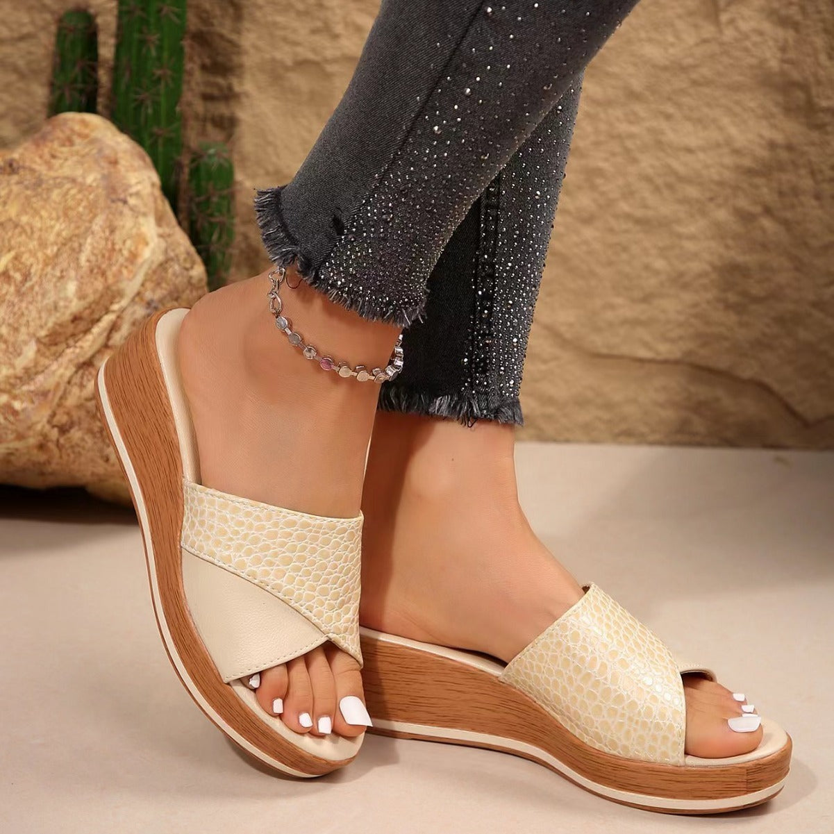 Fashion Snake-texture Wedges Sandals Summer Casual Peep-toe Thick Sole Heightening Slippers Outdoor Slides Shoes Women - iztia