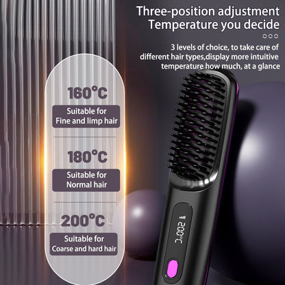 2 In 1 Straight Hair Comb Wireless Hair Straightener Brush Hair Fast Heating Portable Hot Curler USB Charging - iztia