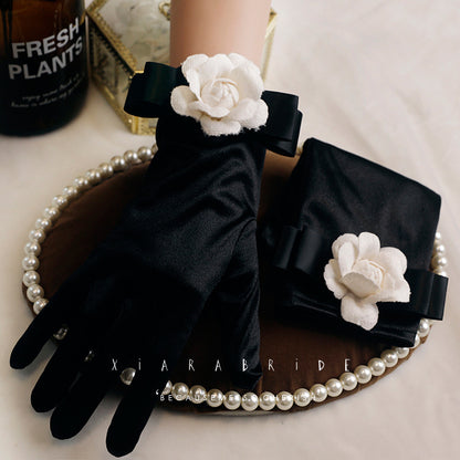 Women's Retro Hepburn Wind Black Evening Dress Butterfly Gloves - iztia