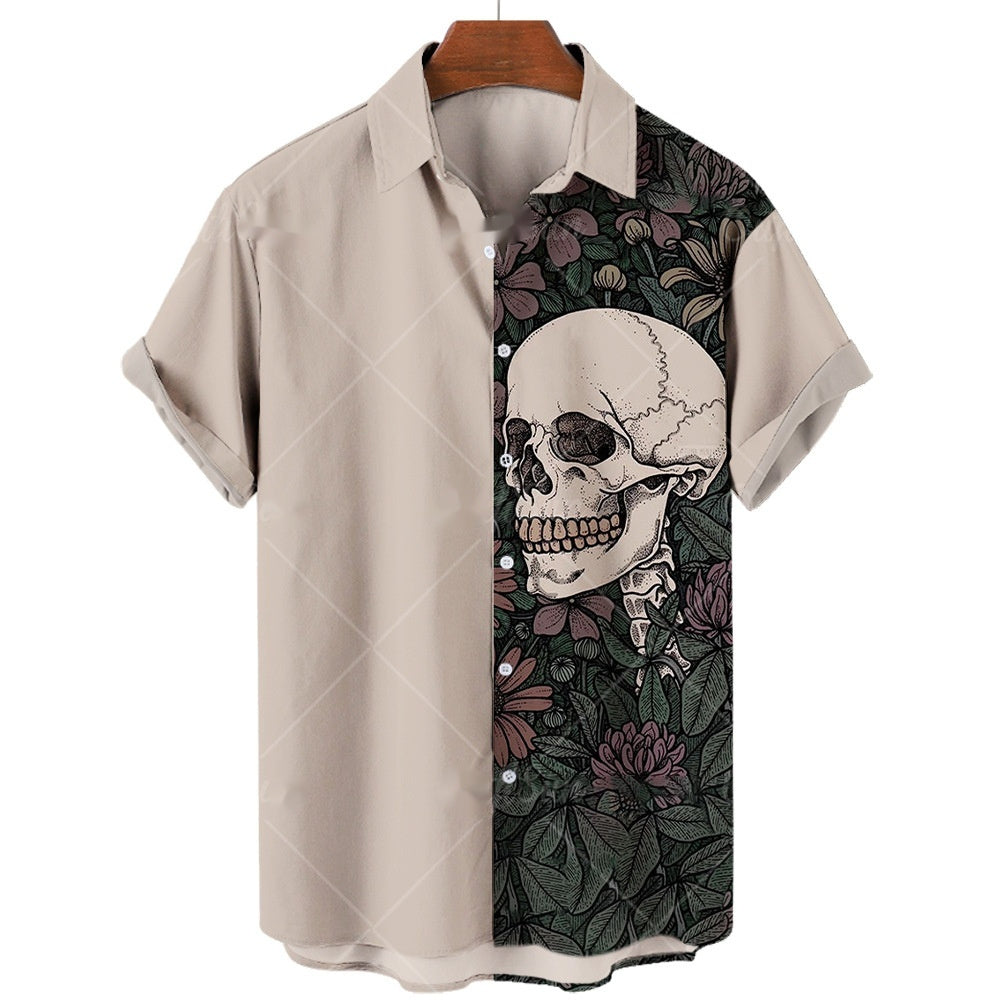 Men's Short-sleeve Lapel Shirt 3D Digital Skull Printed Shirt - iztia