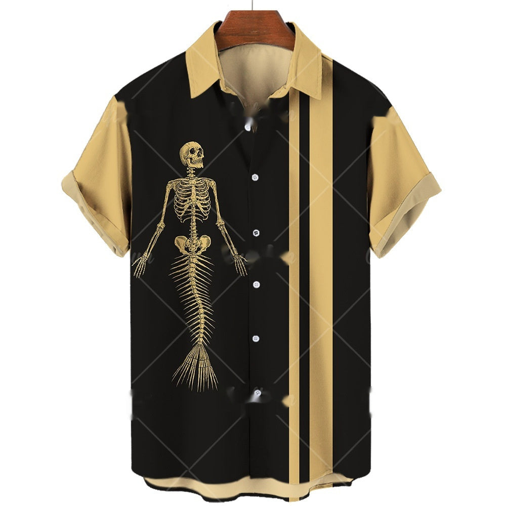 Men's Short-sleeve Lapel Shirt 3D Digital Skull Printed Shirt - iztia