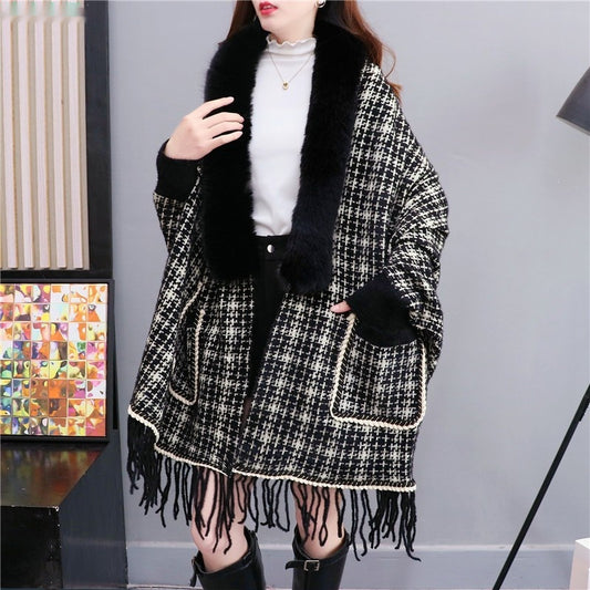 Autumn And Winter New Imitated Mink Cashmere Fur Collar Cape And Shawl Plus Size Tassel Knitted Cardigan - iztia