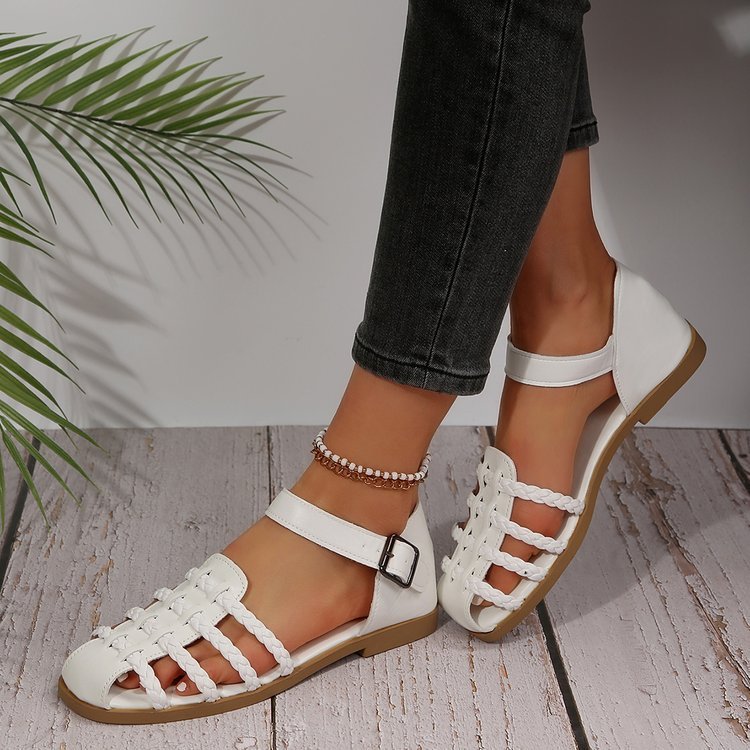 Women's Flat-heeled Closed-toe Hollow Retro Woven Fisherman Sandals - iztia