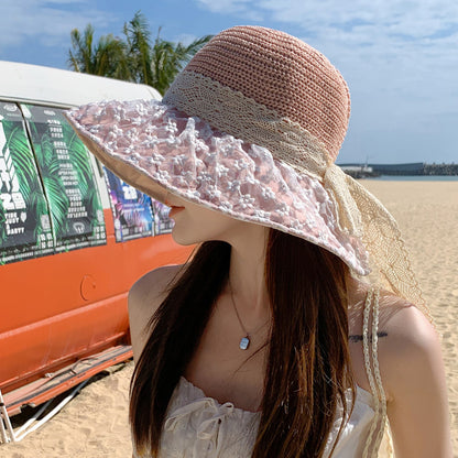 Lace Bow Straw Fisherman Hat Summer Outdoor Sunhat With Large Brim Anti-UV Sunshade And Face Protection Hat - iztia