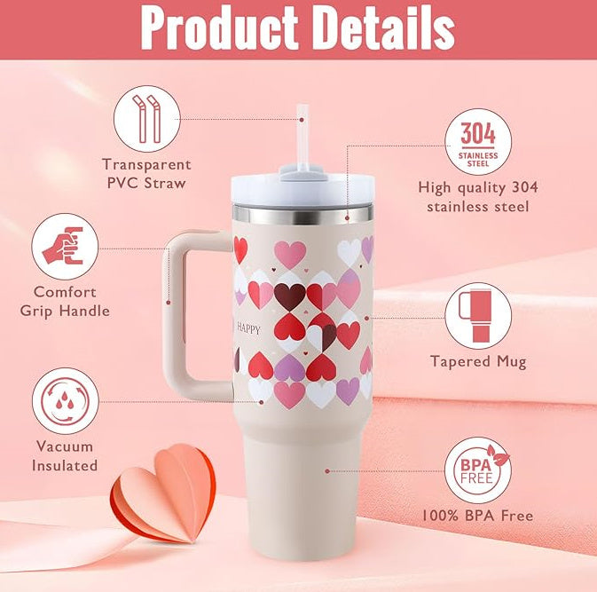 40 Oz Tumbler With Handle Straw Insulated, Stainless Steel Spill Proof Vacuum Coffee Cup Tumbler With Lid Tapered Mug Gifts For Valentine Lover Suitable For Car Gym Office Travel - iztia