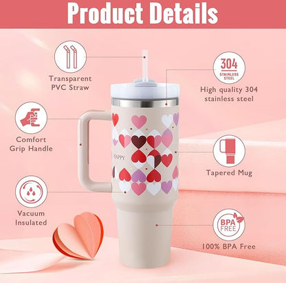 40 Oz Tumbler With Handle Straw Insulated, Stainless Steel Spill Proof Vacuum Coffee Cup Tumbler With Lid Tapered Mug Gifts For Valentine Lover Suitable For Car Gym Office Travel - iztia