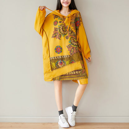 Women's Retro Artistic Hooded Mid-length Sweater Dress - iztia