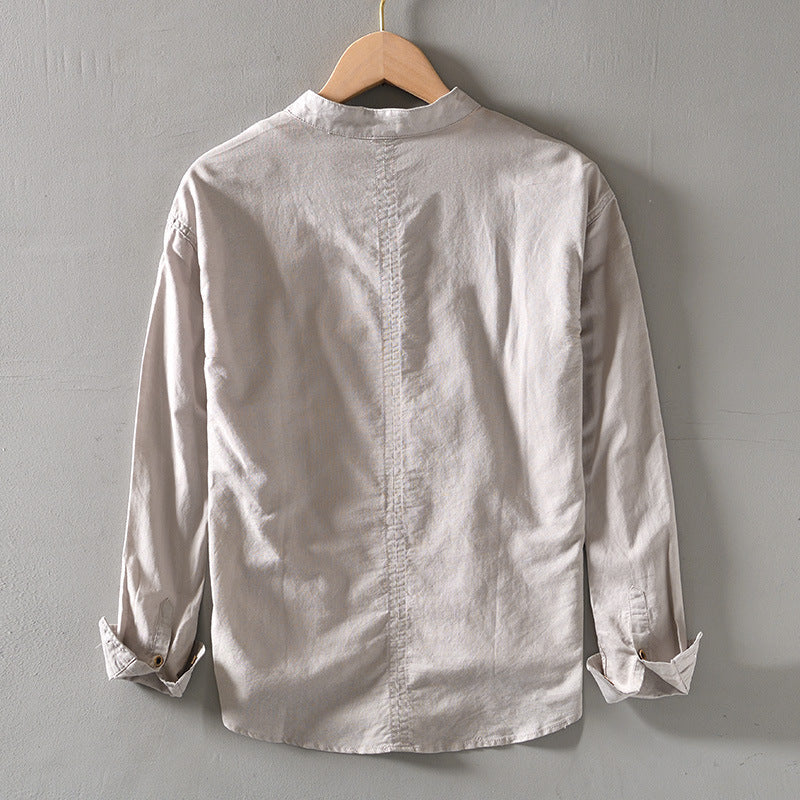 Men's Solid Color Stand Collar Casual Linen Shirt - iztia