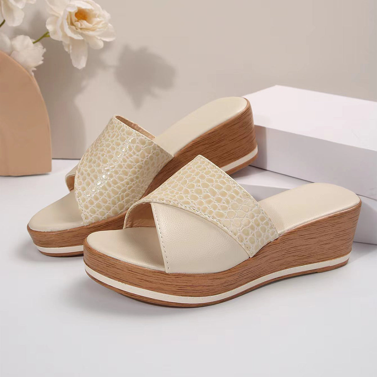 Fashion Snake-texture Wedges Sandals Summer Casual Peep-toe Thick Sole Heightening Slippers Outdoor Slides Shoes Women - iztia