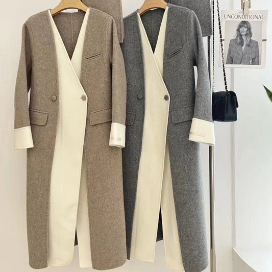 Double-sided Wool Overcoat V-neck Scarf Reversible Woolen Jacket - iztia